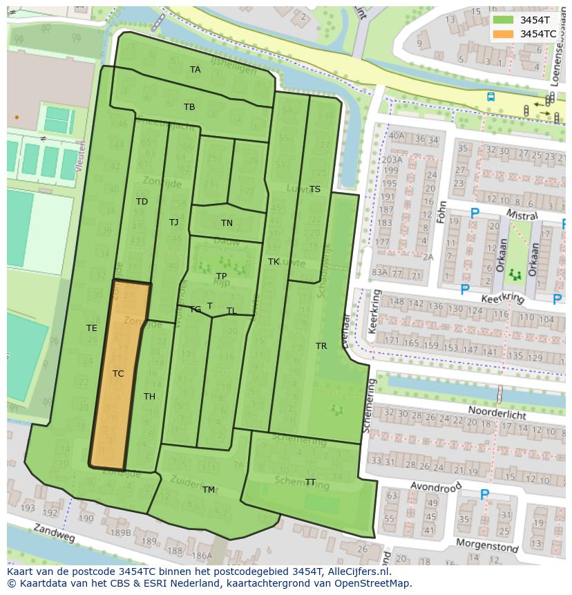 Afbeelding van het postcodegebied 3454 TC op de kaart.