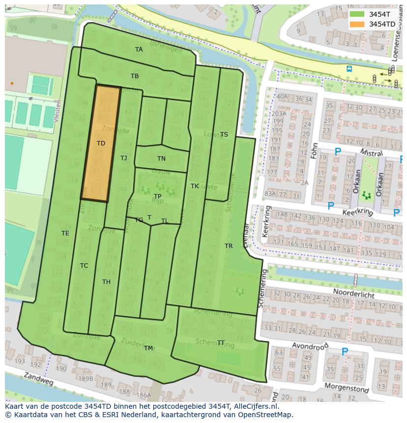 Afbeelding van het postcodegebied 3454 TD op de kaart.