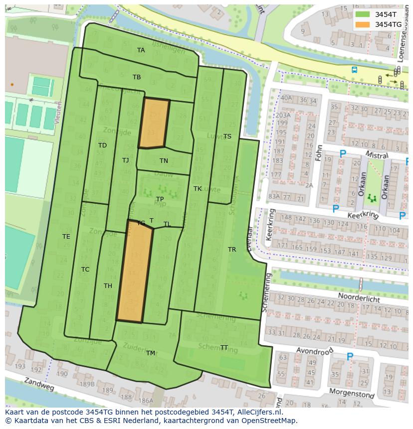 Afbeelding van het postcodegebied 3454 TG op de kaart.
