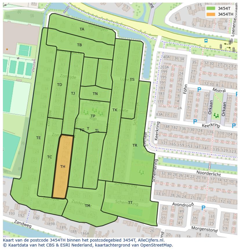 Afbeelding van het postcodegebied 3454 TH op de kaart.