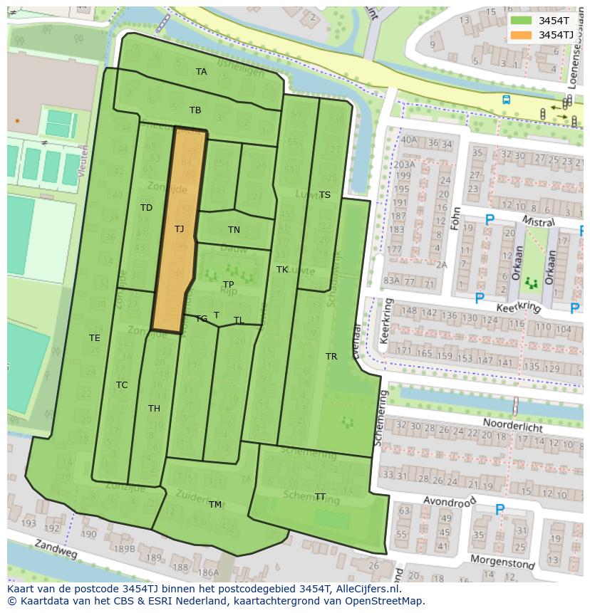 Afbeelding van het postcodegebied 3454 TJ op de kaart.
