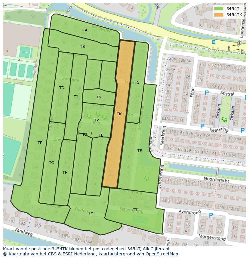 Afbeelding van het postcodegebied 3454 TK op de kaart.