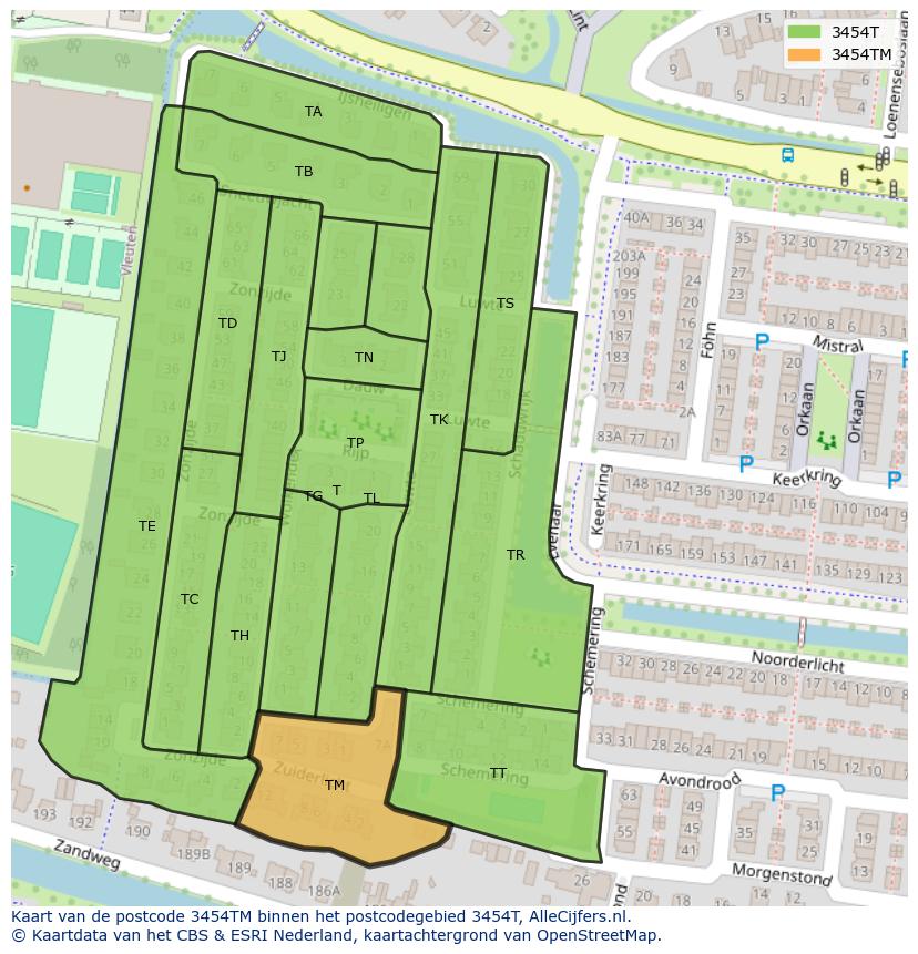 Afbeelding van het postcodegebied 3454 TM op de kaart.