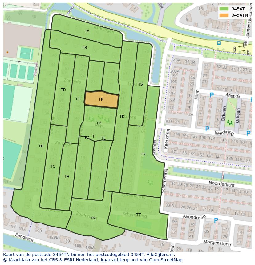 Afbeelding van het postcodegebied 3454 TN op de kaart.