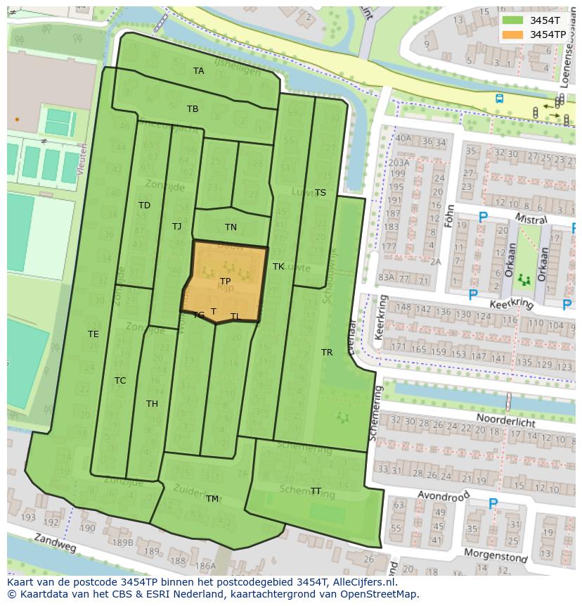 Afbeelding van het postcodegebied 3454 TP op de kaart.
