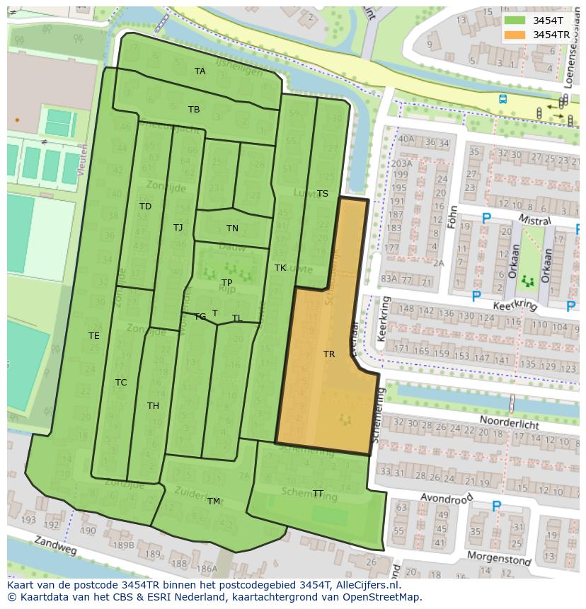 Afbeelding van het postcodegebied 3454 TR op de kaart.