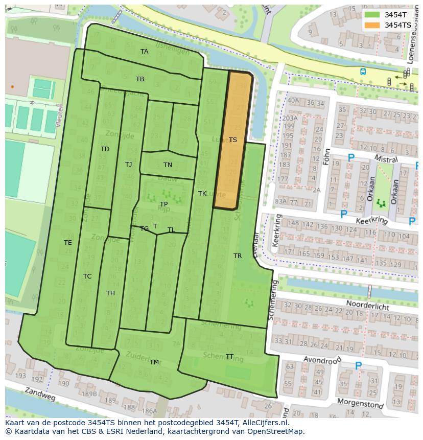 Afbeelding van het postcodegebied 3454 TS op de kaart.