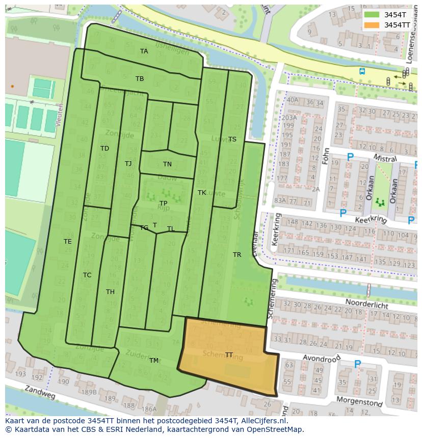 Afbeelding van het postcodegebied 3454 TT op de kaart.