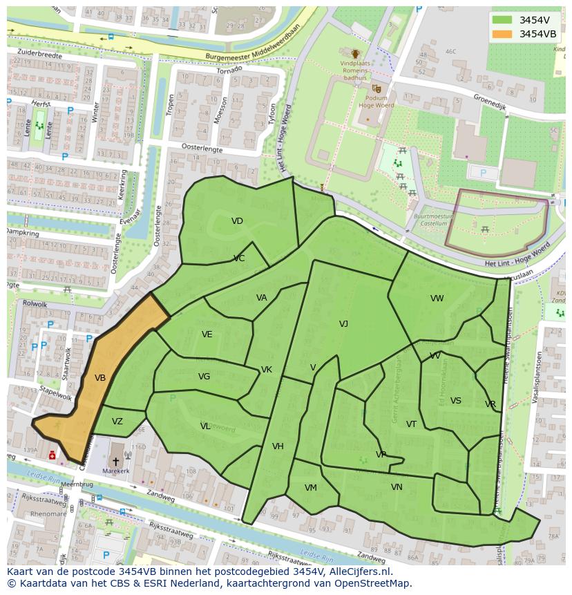 Afbeelding van het postcodegebied 3454 VB op de kaart.