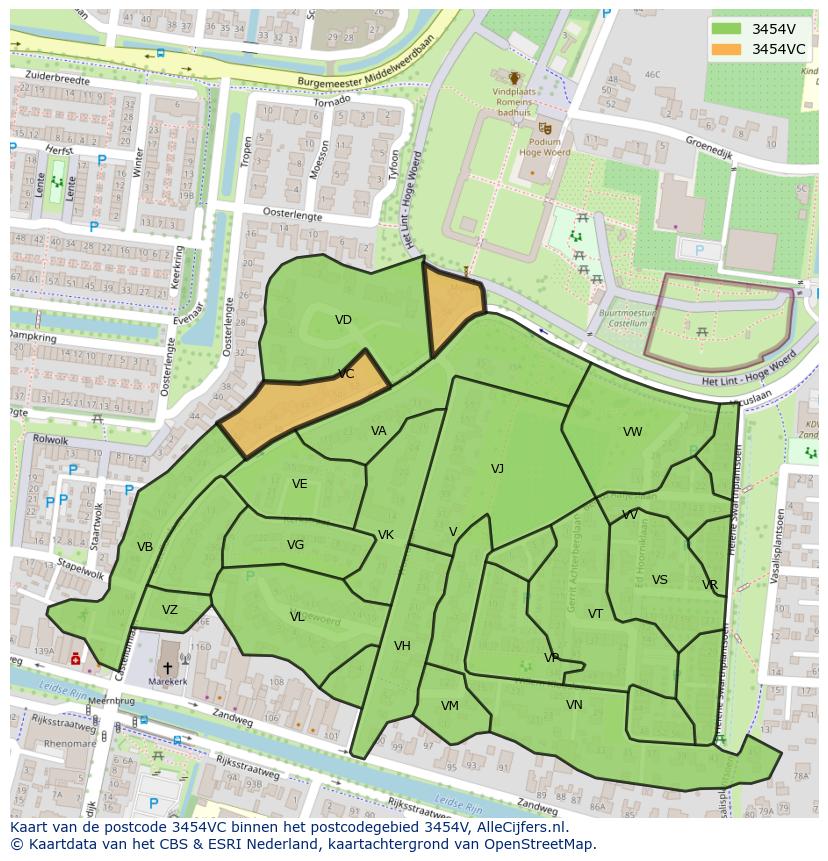 Afbeelding van het postcodegebied 3454 VC op de kaart.