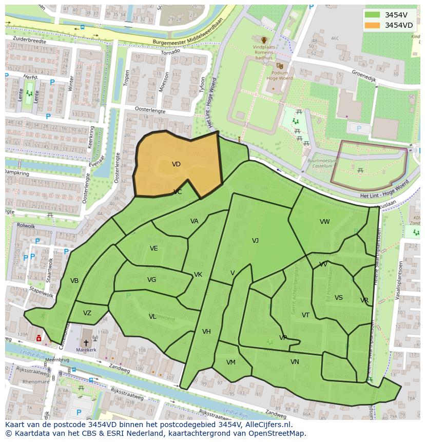 Afbeelding van het postcodegebied 3454 VD op de kaart.
