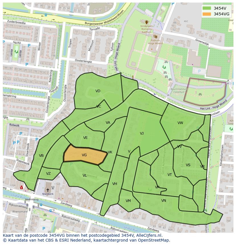 Afbeelding van het postcodegebied 3454 VG op de kaart.