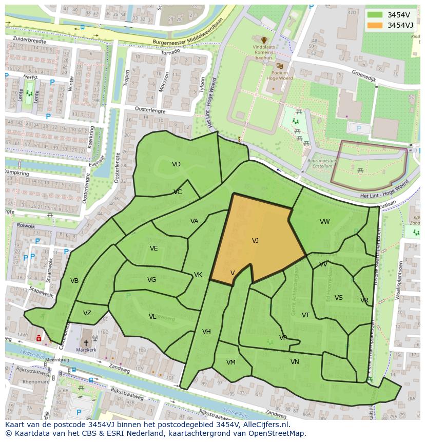 Afbeelding van het postcodegebied 3454 VJ op de kaart.