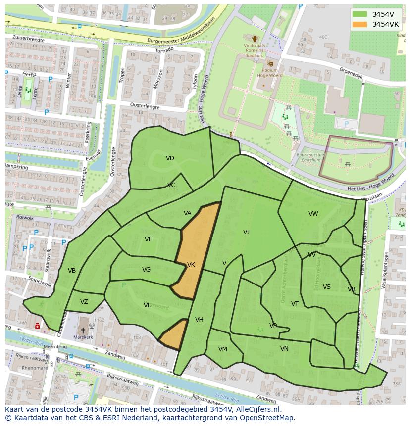 Afbeelding van het postcodegebied 3454 VK op de kaart.