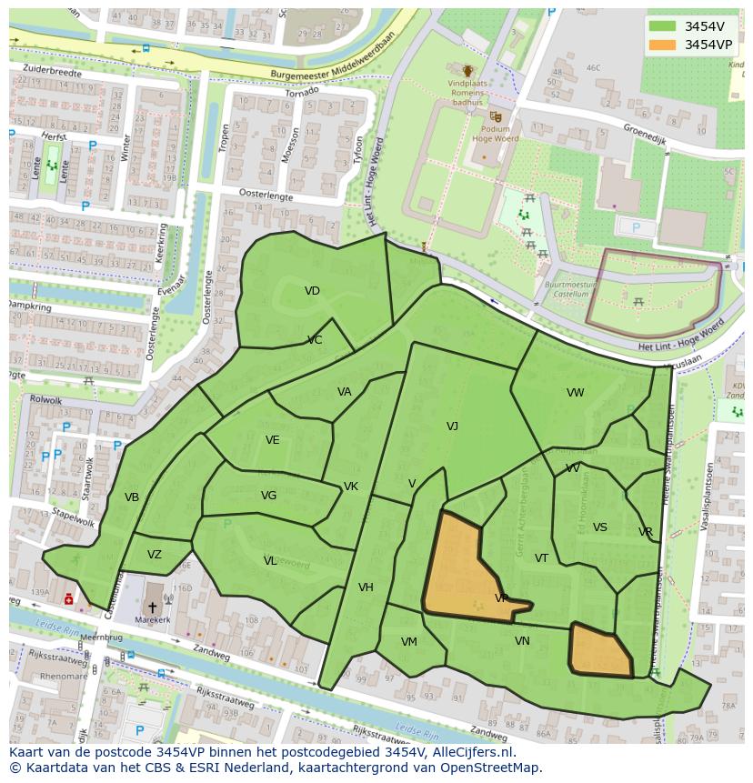 Afbeelding van het postcodegebied 3454 VP op de kaart.