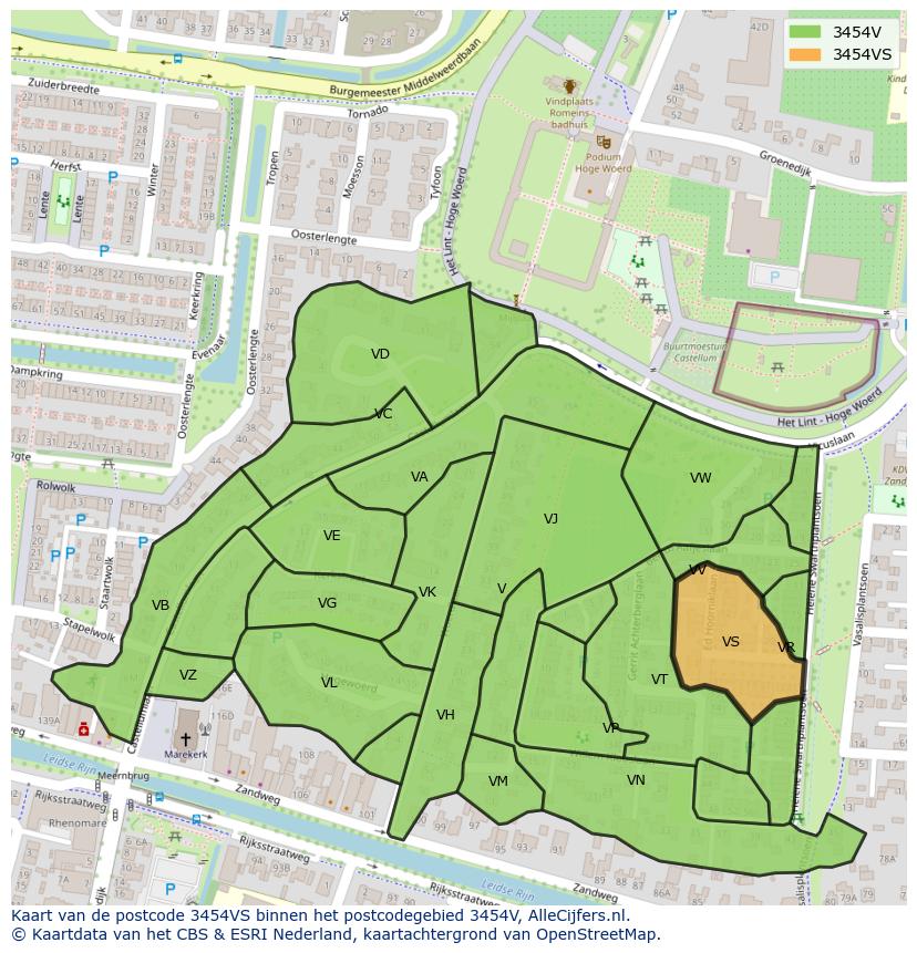Afbeelding van het postcodegebied 3454 VS op de kaart.