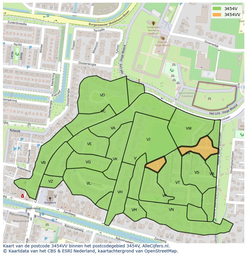 Afbeelding van het postcodegebied 3454 VV op de kaart.