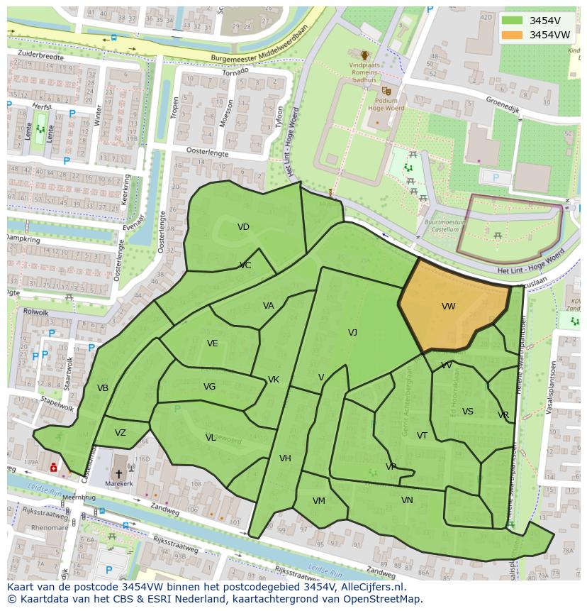 Afbeelding van het postcodegebied 3454 VW op de kaart.