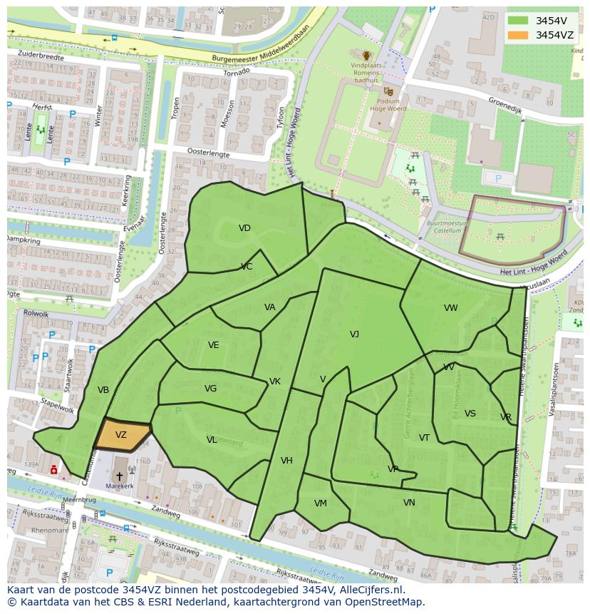 Afbeelding van het postcodegebied 3454 VZ op de kaart.