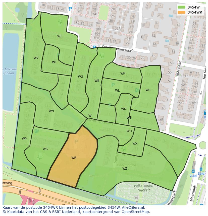 Afbeelding van het postcodegebied 3454 WR op de kaart.
