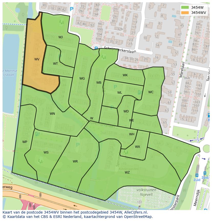 Afbeelding van het postcodegebied 3454 WV op de kaart.