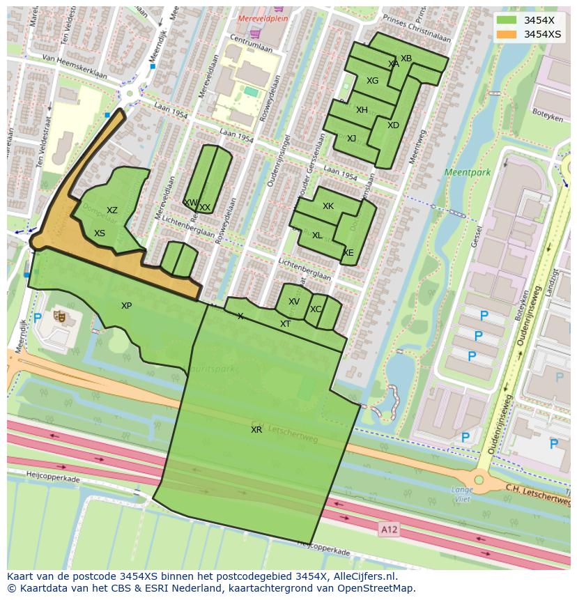 Afbeelding van het postcodegebied 3454 XS op de kaart.