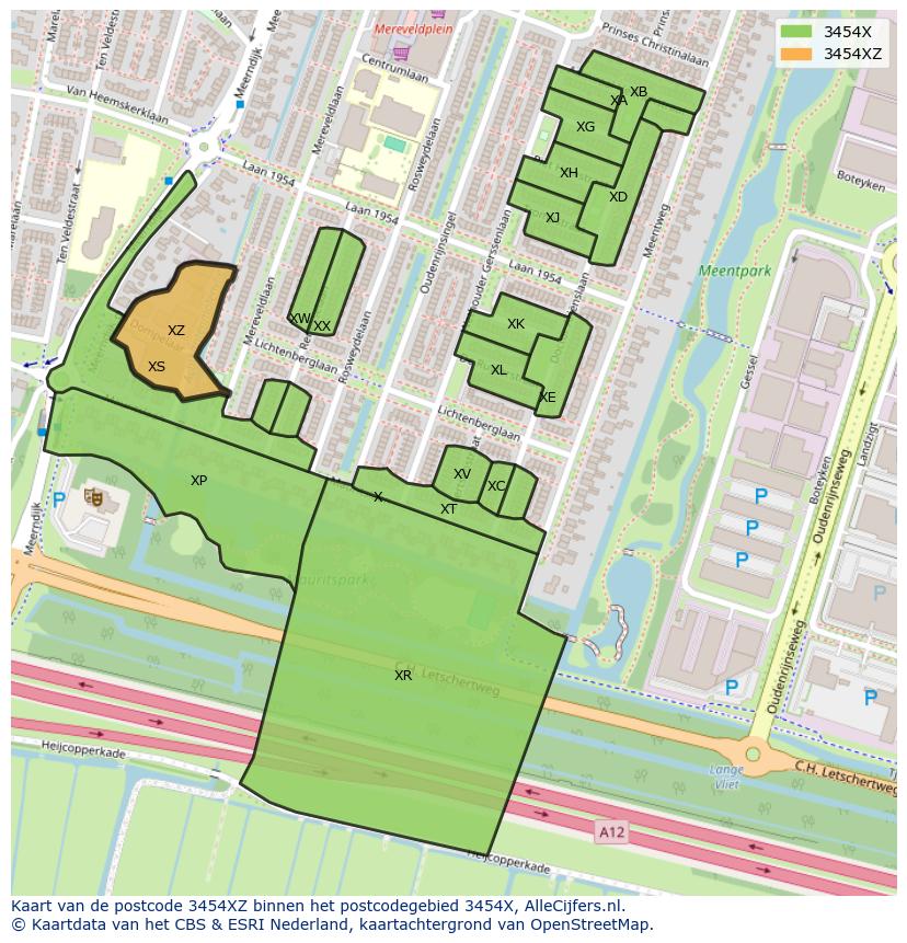 Afbeelding van het postcodegebied 3454 XZ op de kaart.