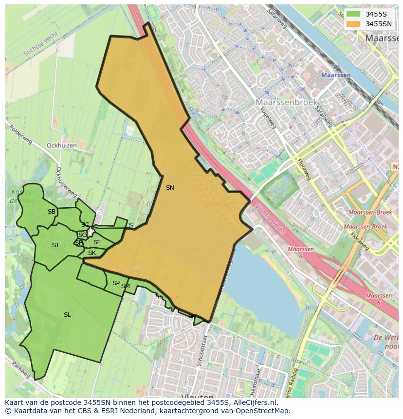 Afbeelding van het postcodegebied 3455 SN op de kaart.