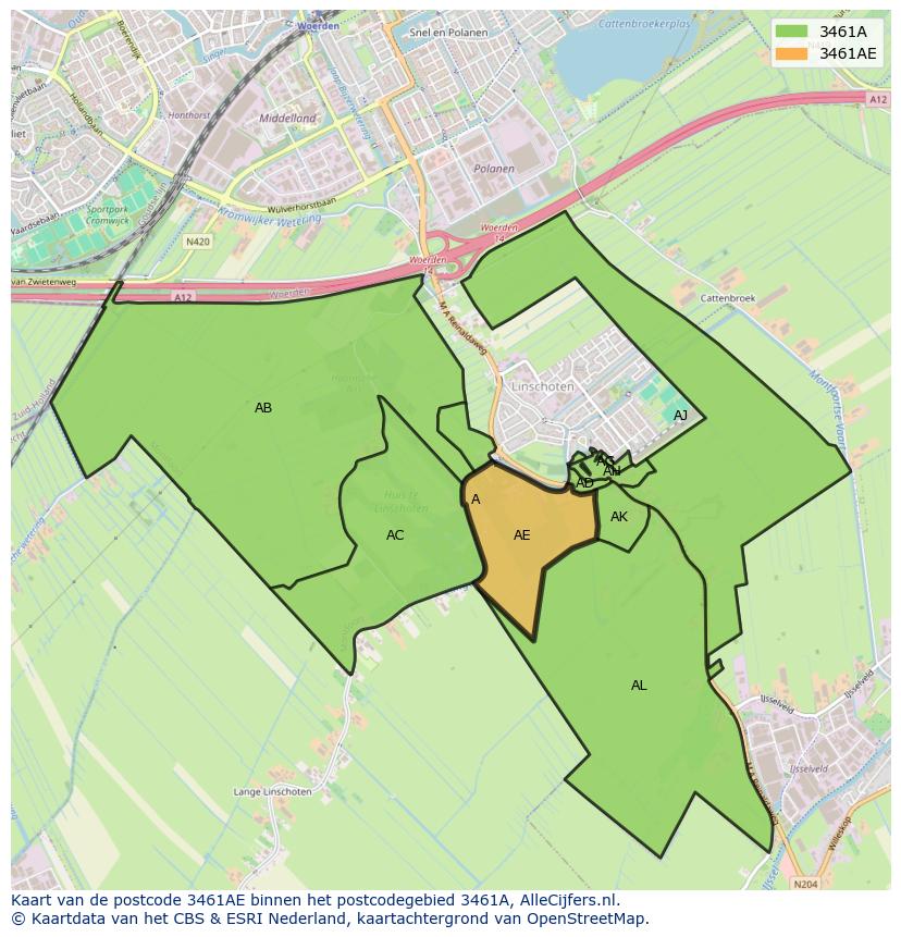 Afbeelding van het postcodegebied 3461 AE op de kaart.