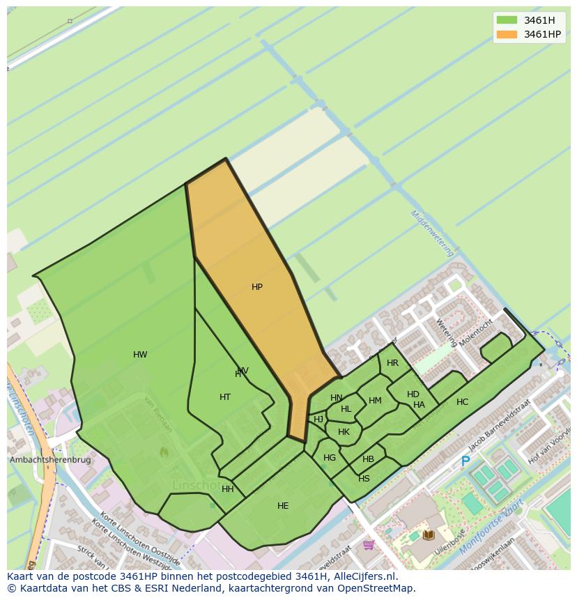 Afbeelding van het postcodegebied 3461 HP op de kaart.