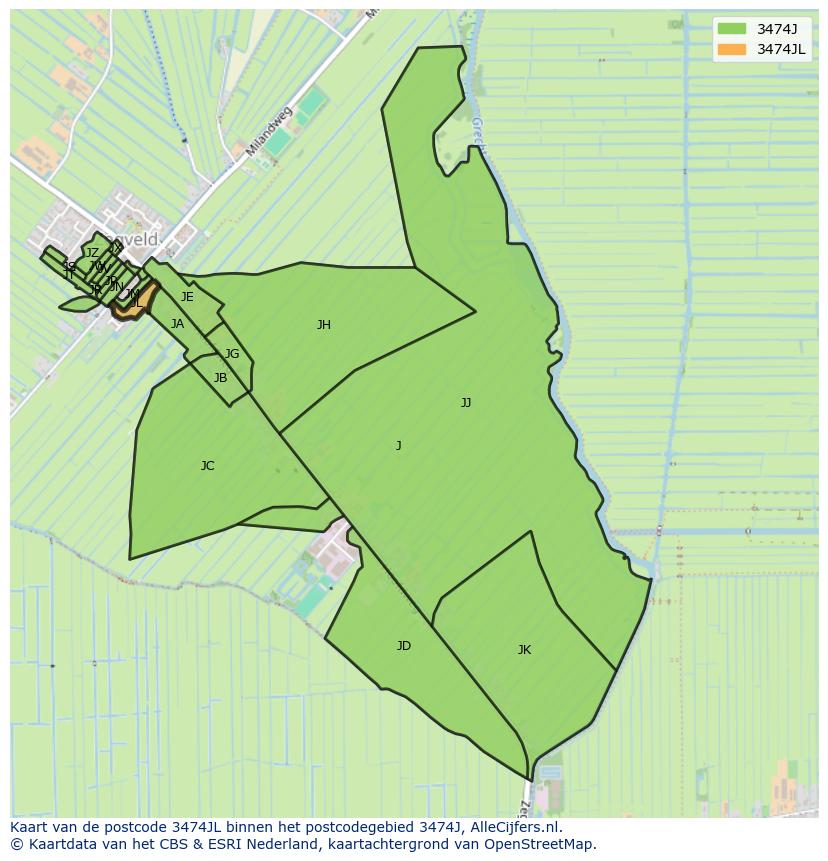 Afbeelding van het postcodegebied 3474 JL op de kaart.