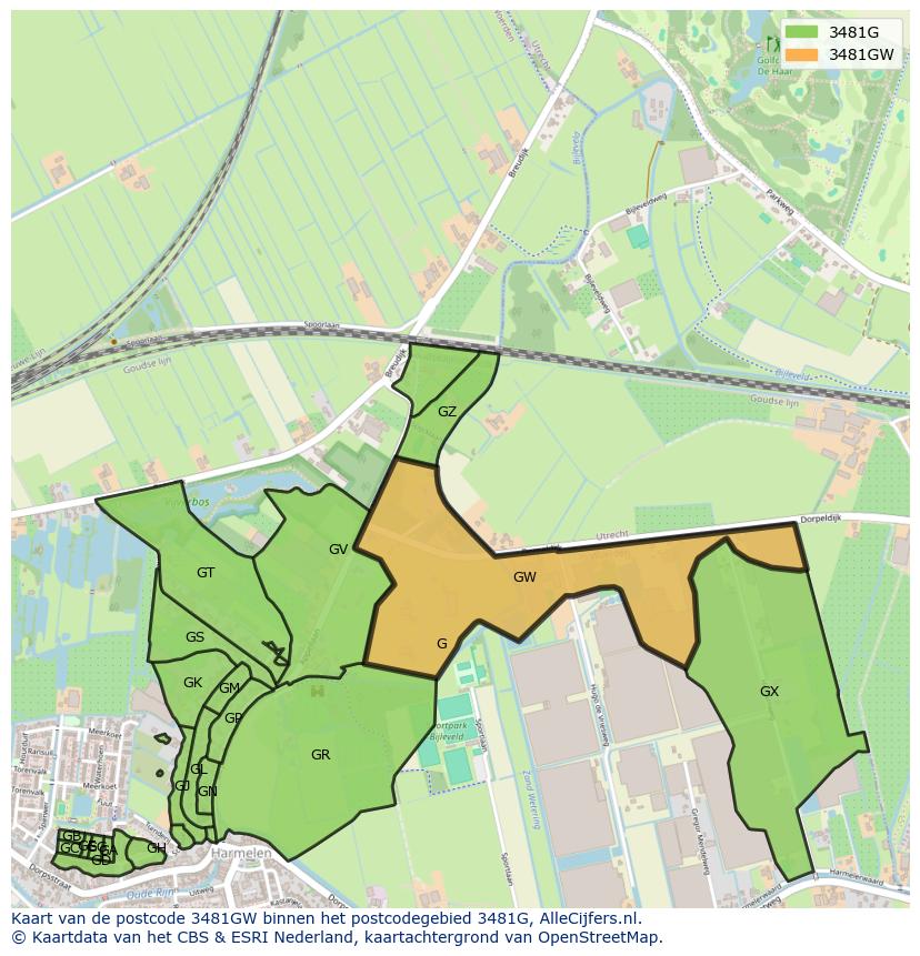 Afbeelding van het postcodegebied 3481 GW op de kaart.