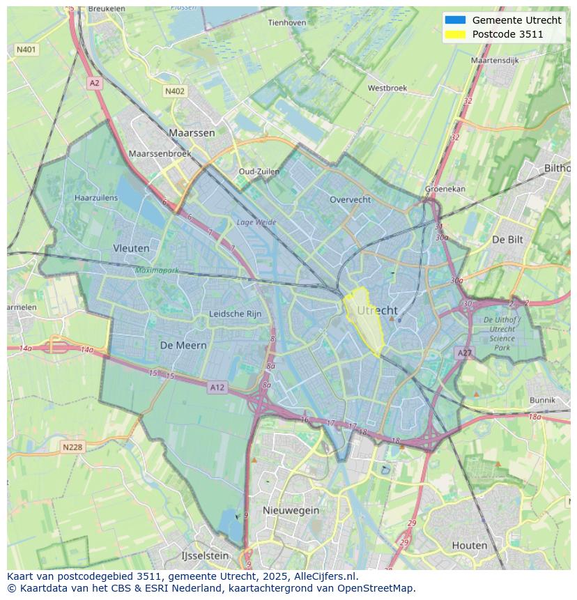 Afbeelding van het postcodegebied 3511 op de kaart.