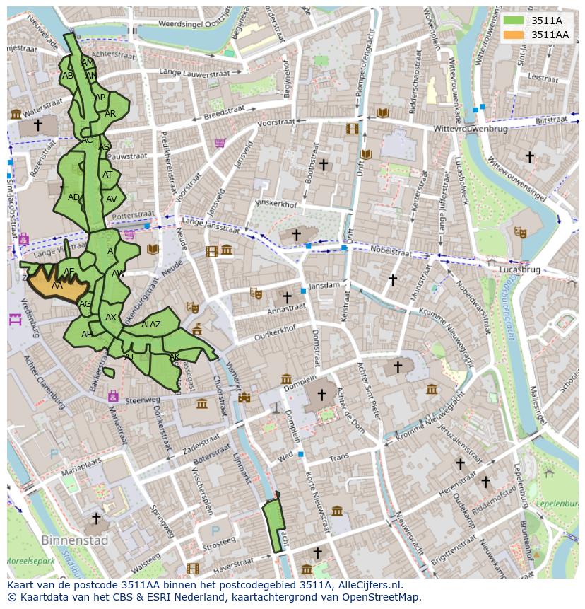 Afbeelding van het postcodegebied 3511 AA op de kaart.