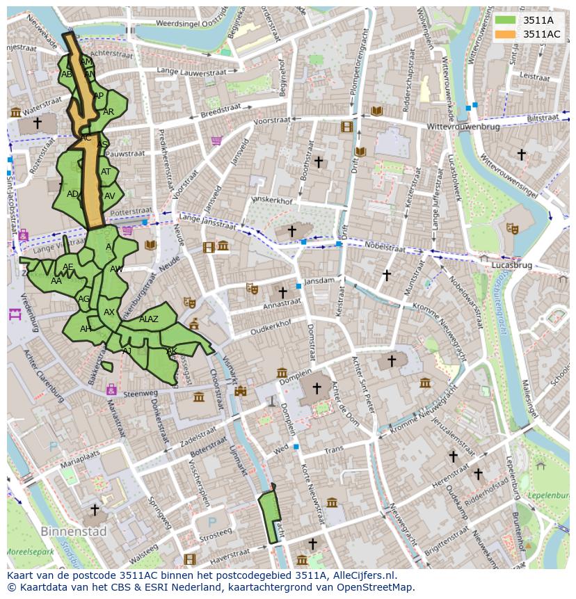 Afbeelding van het postcodegebied 3511 AC op de kaart.