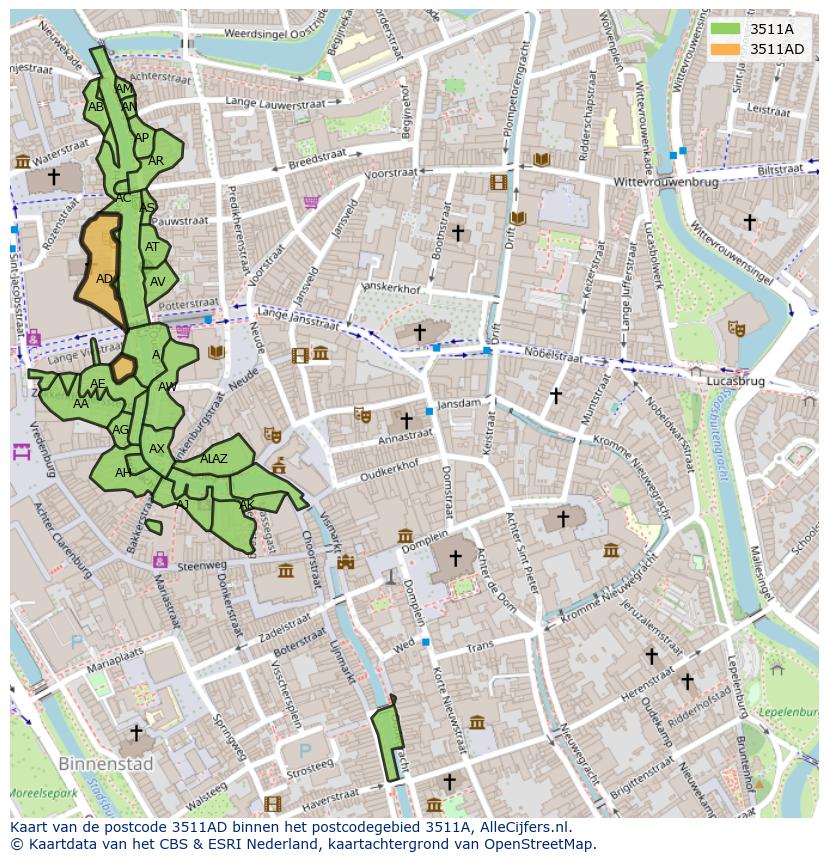 Afbeelding van het postcodegebied 3511 AD op de kaart.