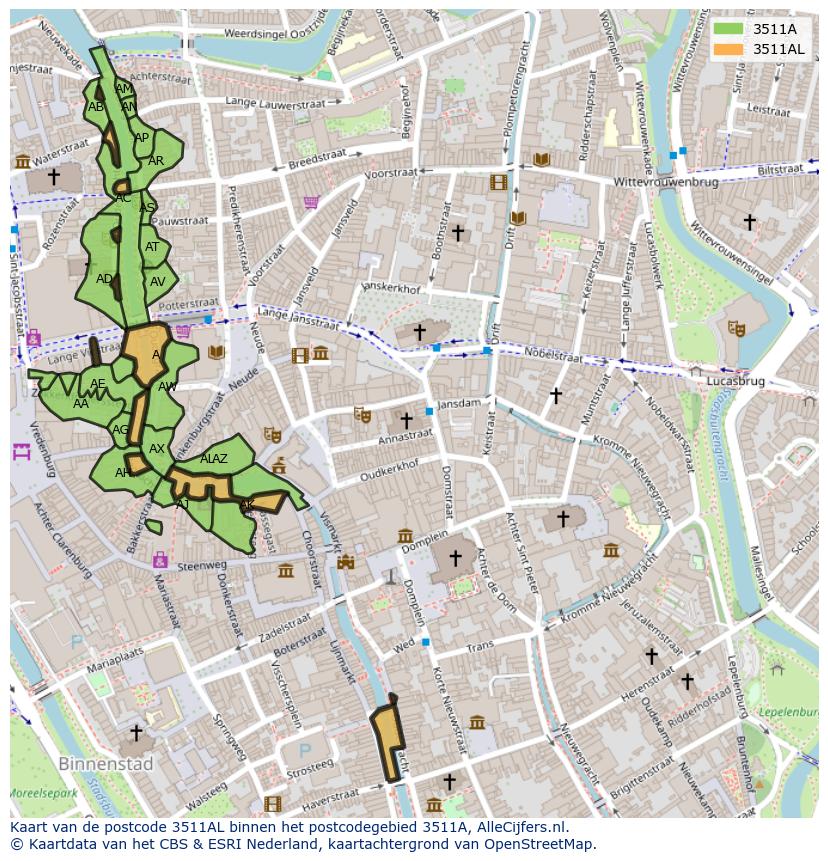 Afbeelding van het postcodegebied 3511 AL op de kaart.