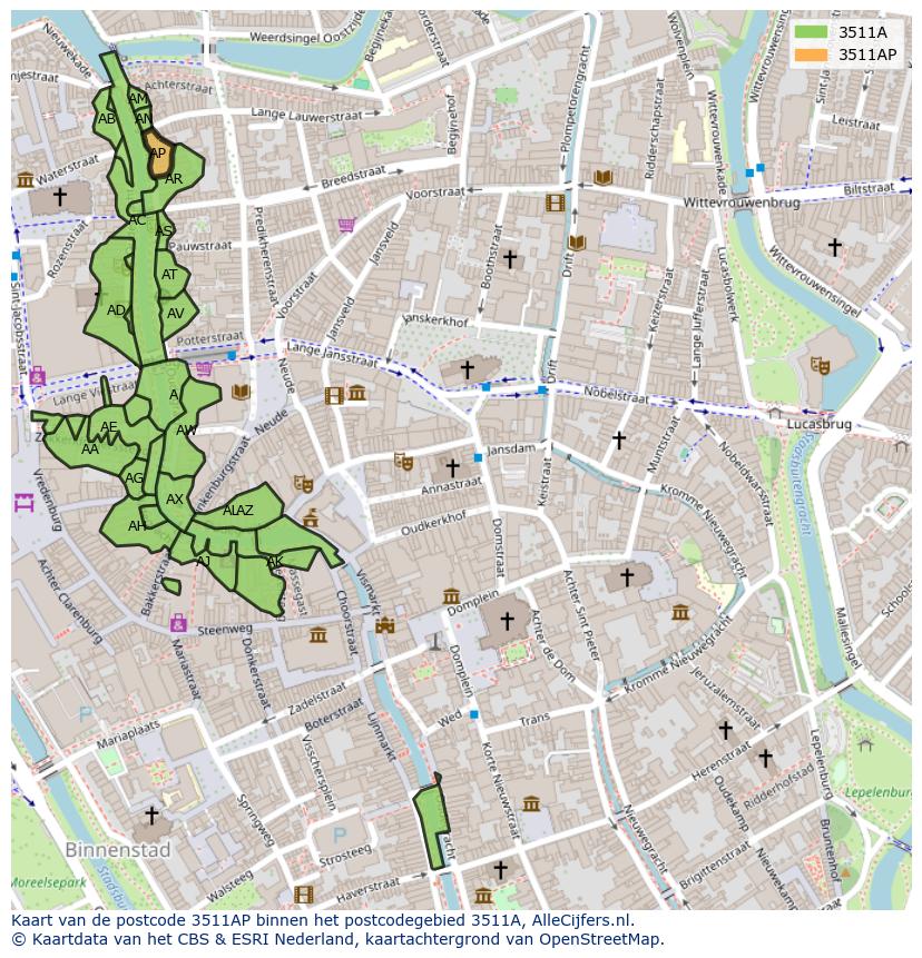 Afbeelding van het postcodegebied 3511 AP op de kaart.