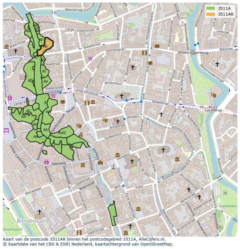 Afbeelding van het postcodegebied 3511 AR op de kaart.