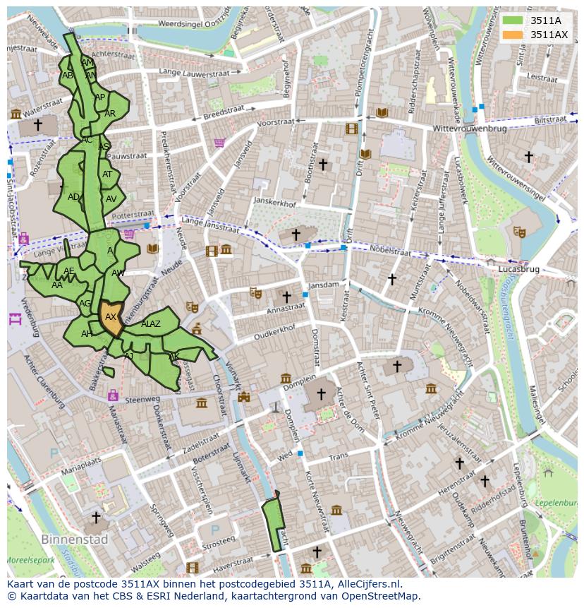 Afbeelding van het postcodegebied 3511 AX op de kaart.