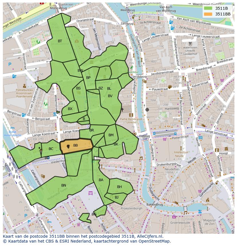 Afbeelding van het postcodegebied 3511 BB op de kaart.