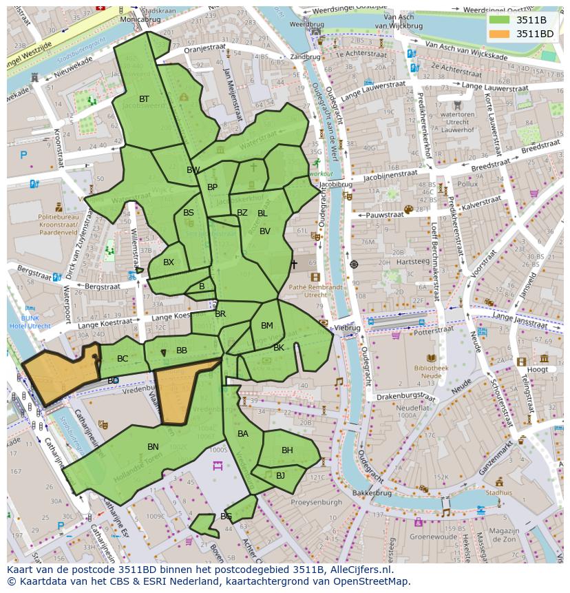Afbeelding van het postcodegebied 3511 BD op de kaart.