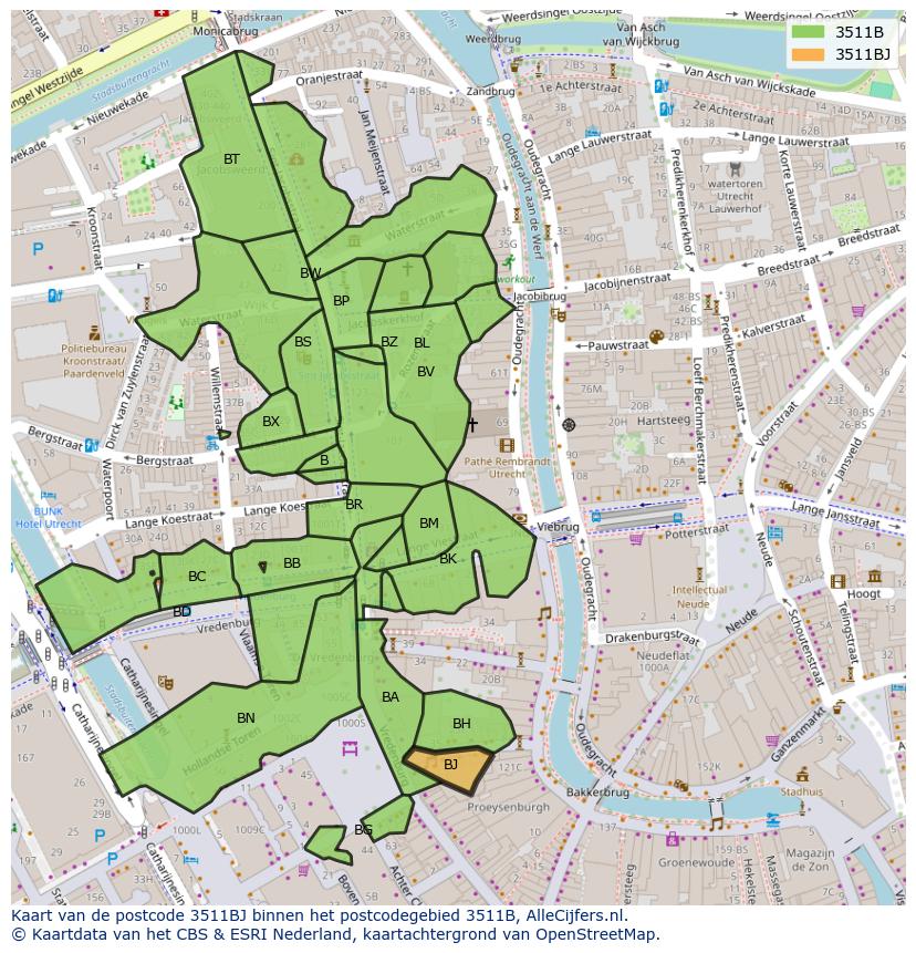Afbeelding van het postcodegebied 3511 BJ op de kaart.