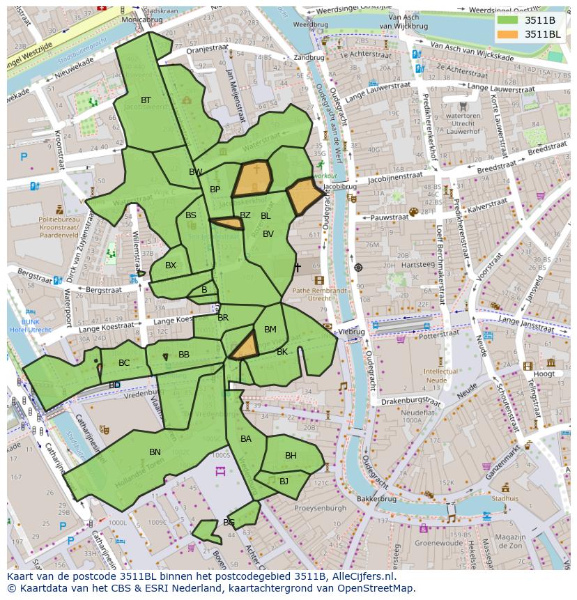 Afbeelding van het postcodegebied 3511 BL op de kaart.