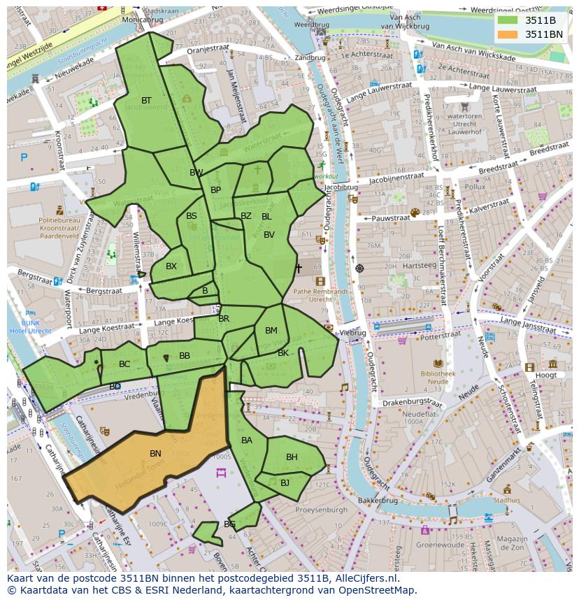 Afbeelding van het postcodegebied 3511 BN op de kaart.