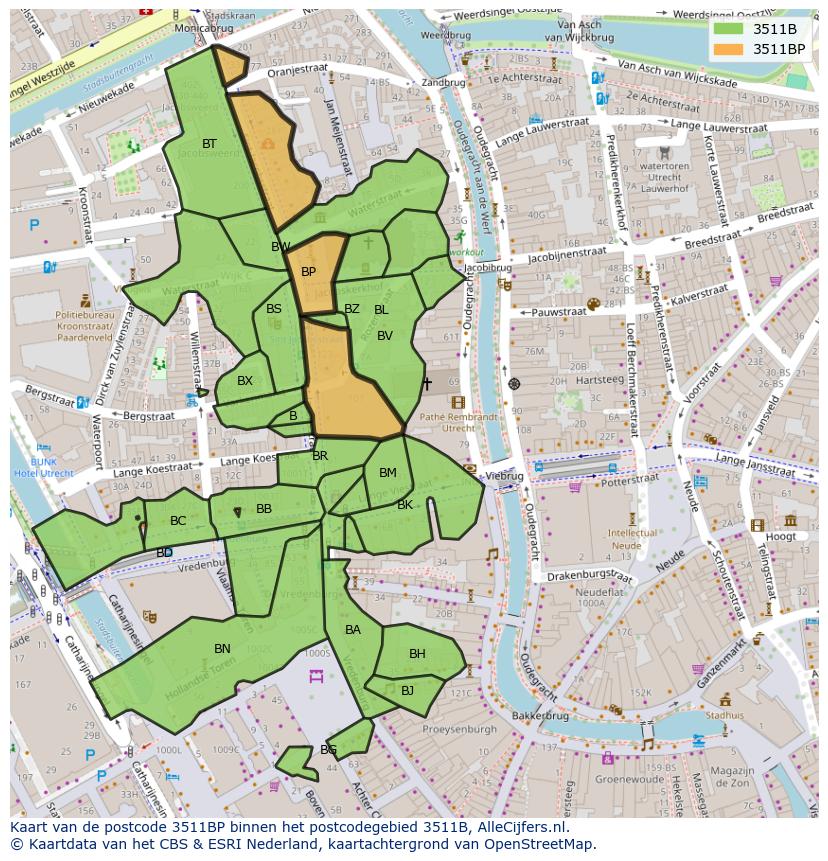 Afbeelding van het postcodegebied 3511 BP op de kaart.