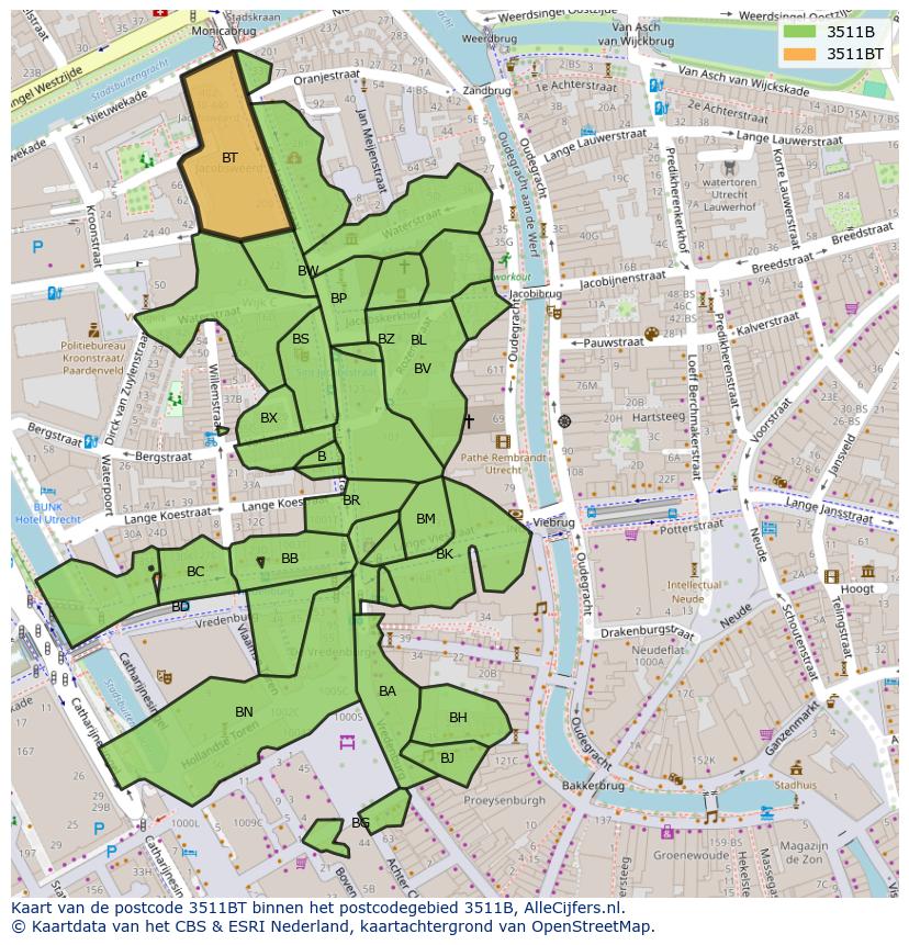 Afbeelding van het postcodegebied 3511 BT op de kaart.