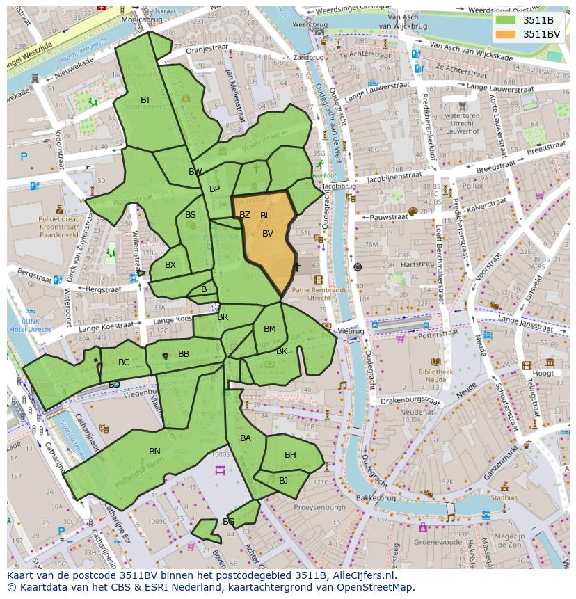 Afbeelding van het postcodegebied 3511 BV op de kaart.