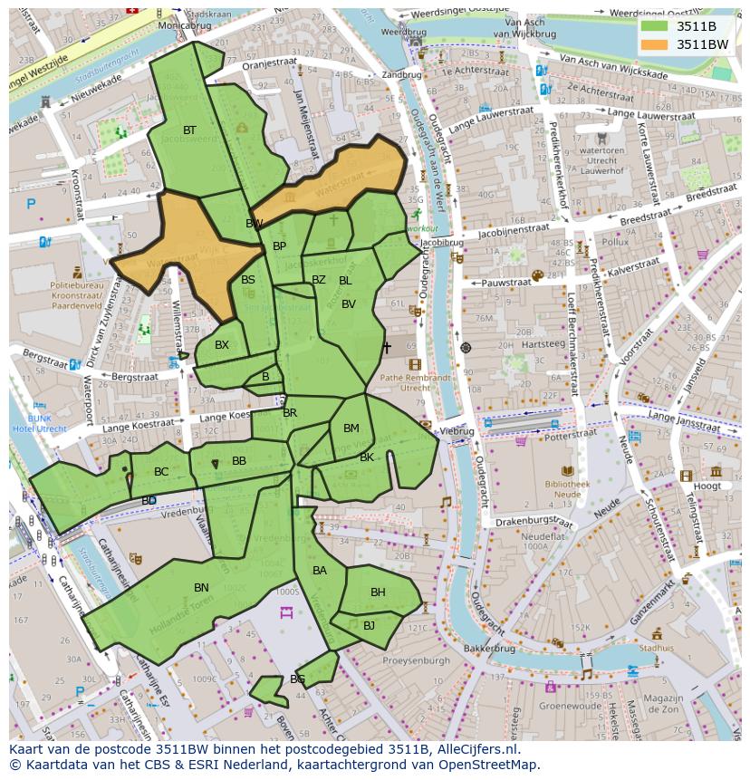 Afbeelding van het postcodegebied 3511 BW op de kaart.