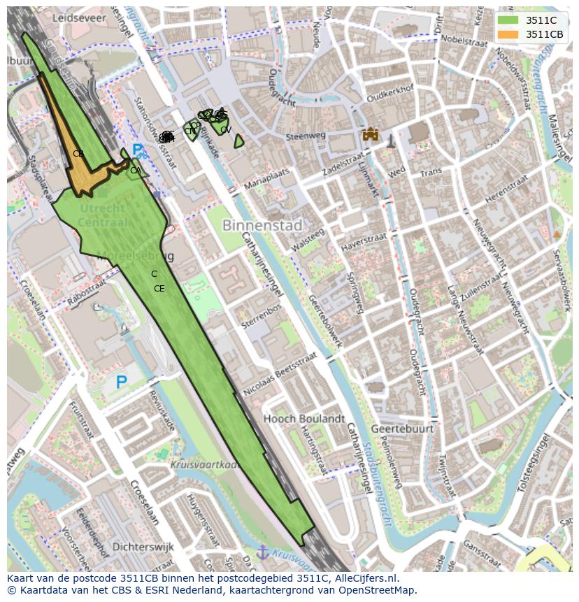 Afbeelding van het postcodegebied 3511 CB op de kaart.